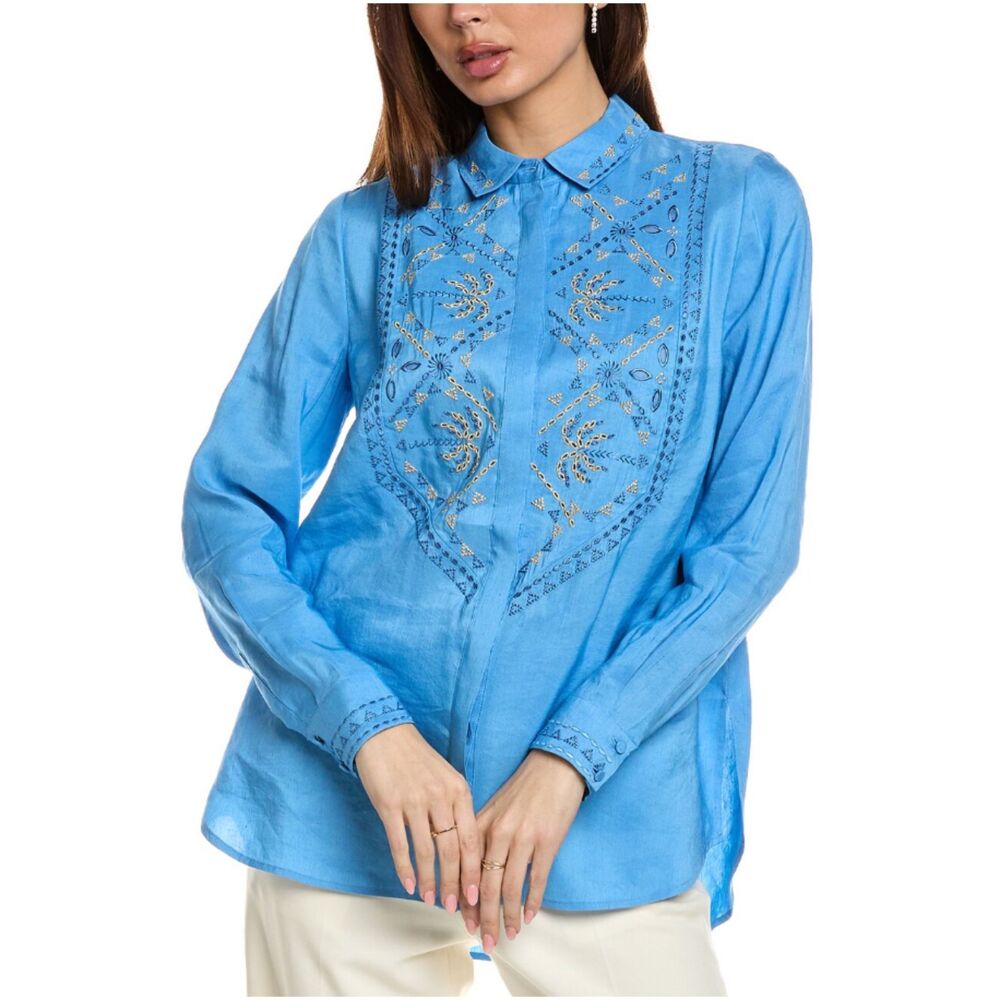 Kobi Halperin Women's Size S Blue Genevieve Embroidered Linen-Blend Blouse NWOT